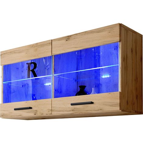 Vitrine murale 100 x 50 x 30 cm – Corps et façades en wotan mat – 2 étagères en verre – Design moderne pour salon ou cuisine