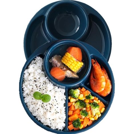 Plato llano, Platos resistentes a caídas con compartimentos, Juego de 2 platos redondos de plástico, acampar, 23 cm (9 pulgadas), Azul (1/5)