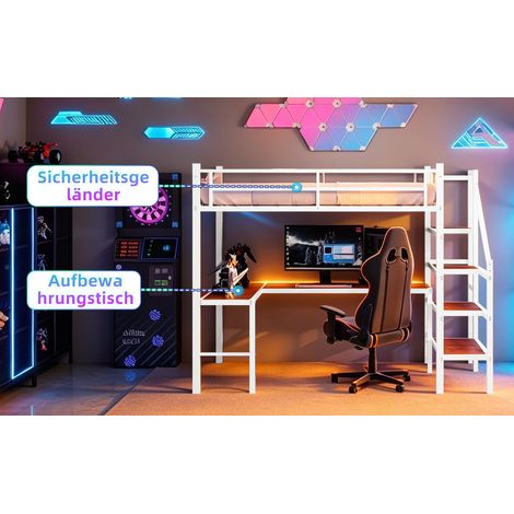 Lit mezzanine enfant 90x190 cm avec bureau en L, rangements, étagères (1/5)