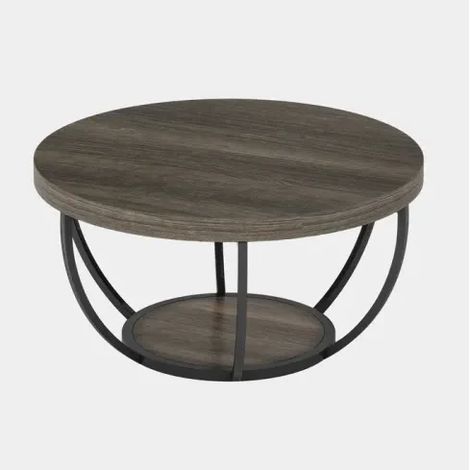 Mesa auxiliar redonda de 2 niveles gris con estructura de metal y tablero de madera HOMVRA (1/5)