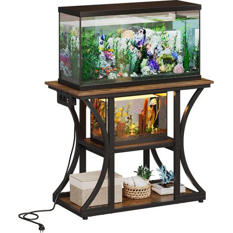 Support d'aquarium rustique à 3 niveaux pour aquarium, reptiles et terrariums, cadre en métal robuste (marron) (1/5)