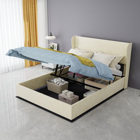 Letto moderno imbottito beige 140x200 cm in tessuto e metallo, testiera morbida, senza box spring (1/5)