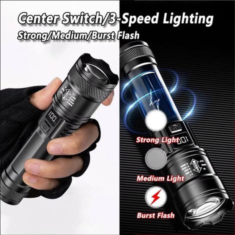 Potente torcia a LED, ricaricabile tramite USB, con display, funzione zoom, batteria integrata, ideale per campeggio, escursionismo, emergenze, ecc. (1/5)
