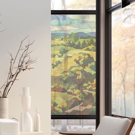Stickers décoratifs électrostatique, bosquets, arbres, campagne, paysage, effet vitrail, 150 cm X 67,5 cm (1/2)