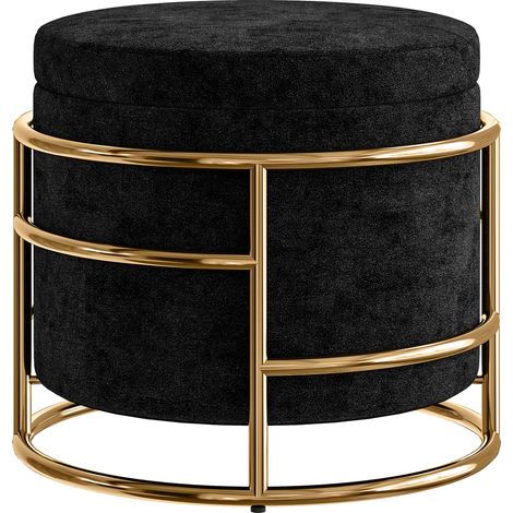 Pouf de rangement noir, repose-pieds rembourré, structure métal plaqué or, coffre de rangement (1/5)