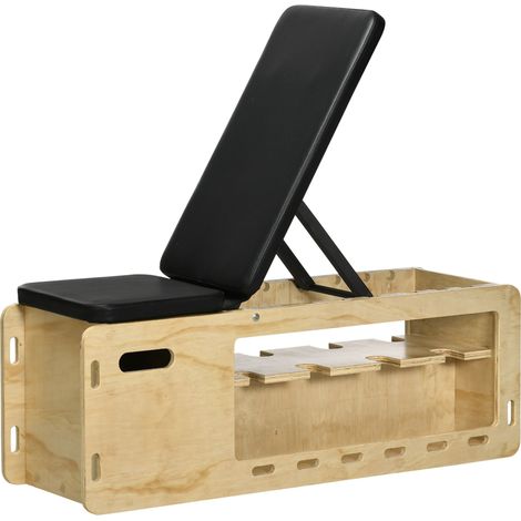 Panca Multifunzione con Schienale Regolabile, Vano Contenitore, Rack per Pesi ed Elastici, Legno
