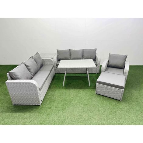 Fimous 6 Pieces Outdoor PE Rattan Garden Furniture with Cushions Reclining Chair Side Table Big Stool Light Grey (1/4)