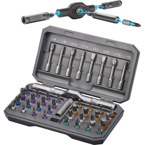 Juego de destornilladores de trinquete magnéticos 42 en 1: kit de destornilladores de precisión con puntas de colores y mango ergonómico en T. Herramienta de reparación para muebles, bicicletas, apara