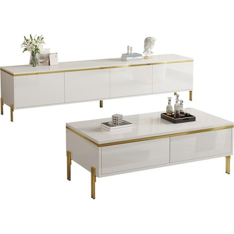 Conjunto de mueble TV y mesa de centro blanco brillo con detalles dorados (1/5)