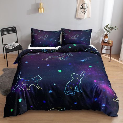 Bettwäsche-Set 200x200cm mit Katzen-Motiv und Sternenhimmel, 3-teilig