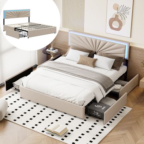 Letto matrimoniale imbottito 140x190 cm in tessuto effetto lino, con LED, 4 cassetti, letto per adulti stile scandinavo - beige