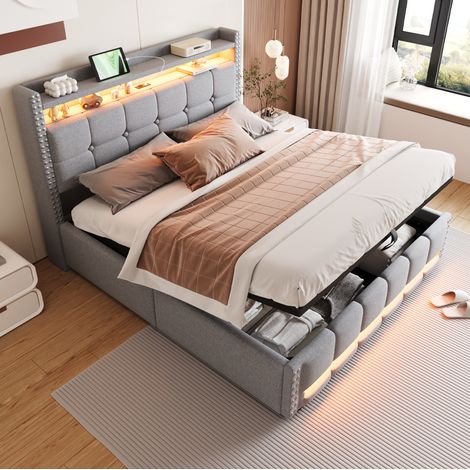 Lit coffre tapissé 160/200 cm gris clair en lin avec LED, prise USB et tête de lit à rangements (1/5)