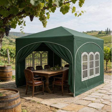 Tonnelle de jardin 3x3 m verte en métal et toile Oxford imperméable avec parois latérales, anti-UV et pliable (1/5)