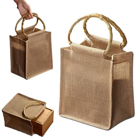 Sac Portable en Toile de Jute Naturelle avec Poignée en Bambou, Sac pour Femmes pour Le Stockage et le Shopping