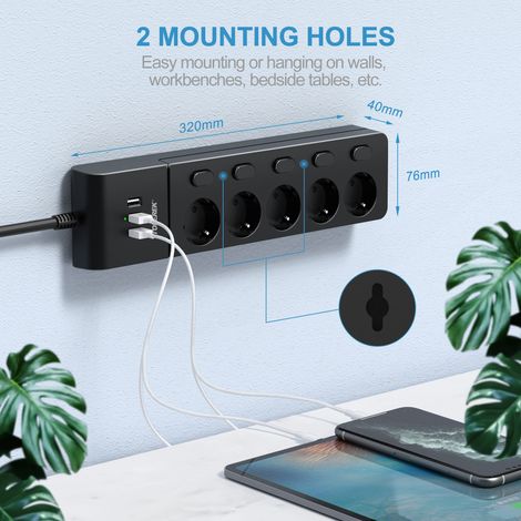 Multiprise EU 5 Prises Interrupteurs Individuels Ports USB Protection Surtension Coque PC Ignifuge Câbles Cuivre pour Maison Bureau (1/5)