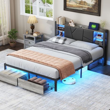 Doppelbett 180x200cm mit 2 Schubladen - Kopfteil mit LED Beleuchtung und UBS Ladeanschluss, Eisenbettrahmen, Lattenrost, Polsterbett - schwarz (1/5)