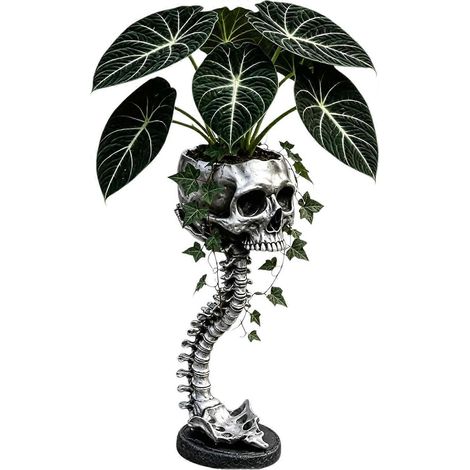 Pot de fleurs crâne résine sculpture gothique squelette argentée, décoration succulentes Halloween pour bureau maison jardin bar artisanat vintage (1/5)