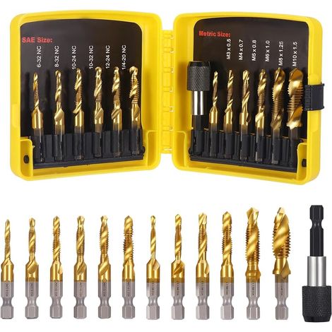 13-teiliges Set bestehend aus Gewindebohrern, Kombinationsbohrern, 6-mm-HSS-Bohrern M3-M10 und SAE 6-32NC bis 1/4-20NC Schneideisen zum Bohren, Gewindeschneiden und Fräsen von Eisen, Aluminium und Kup (1/5)