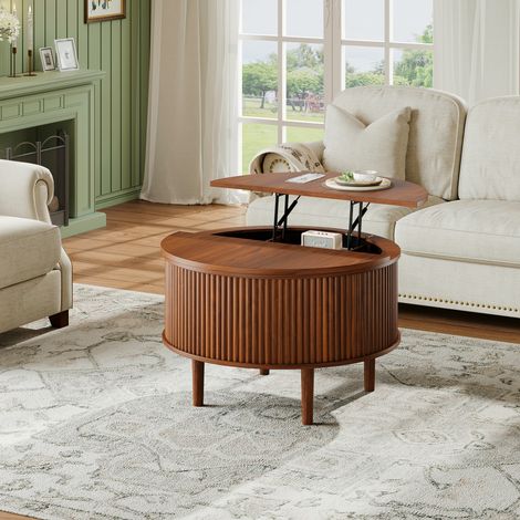 Table basse ronde relevable 80x80x50 cm avec rangement caché, plateau pivotant et rabattable, table basse salon moderne, Brun (1/5)