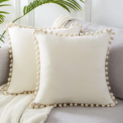 Housse Coussin 45x45 Pompons Décoratif en Velours Doux Taie d'oreiller,Lot de 2 Décoration pour Coussin Canapé Chambre