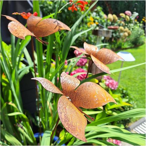 Lot de 3 piquets de jardin avec chapeau de soleil en métal rouillé, décoration de jardin Noble Rust, piquets pour parterres de fleurs et pots, rouille naturelle.