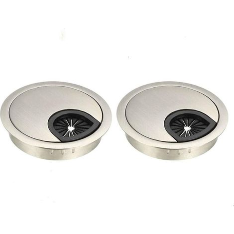 Kit de 2 passe-câbles de bureau en alliage de zinc, pour ordinateur de bureau, avec cache-câbles ronds pour la maison et le bureau (Ø60 mm (2-3/8 pouces), argent brossé) (1/5)