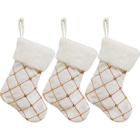Lot de 3 bas de Noël à paillettes, bas de cheminée à carreaux de 22,9 cm avec paillettes dorées, manchette en peluche blanche, ornements de bas de sapin de Noël suspendus pour décoration de fête de va (1/5)