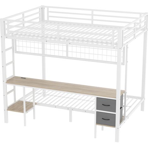 Lit mezzanine 140 x 200 cm en métal et MDF avec bureau, tiroirs, étagères, LED USB blanc (1/5)