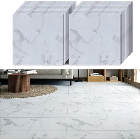 24 Pieces White Marble Tile Adhesive PVC Floor Tiles Kitchen Waterproof Bathroom Stickers Tiles Living Room Garage Thicken 30 cm x 30 cm (1/5)