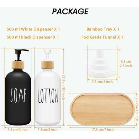 Distributeur de Savon - Verre Sans Plomb 500 ml - Pour Cuisine Salle de Bain Bureau - Set 2 Pièces avec Plateau Bambou (1/5)