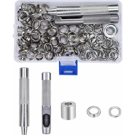 Ensembles Oeillets 10mm Grommets kit Oeillets Métalliques avec Boîte de Rangement pour Toile Bâche Tente Rideaux de Réparation 123 Pcs