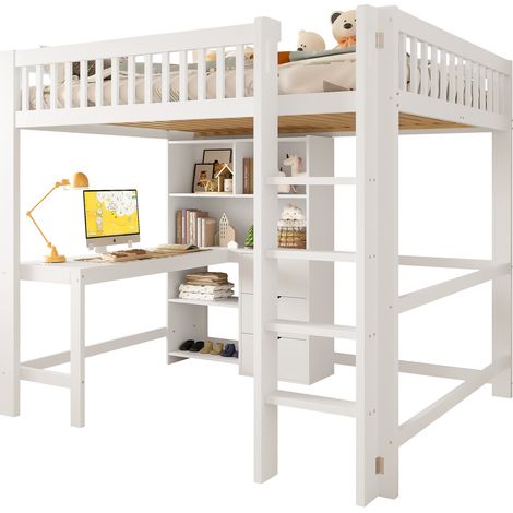Lit mezzanine, 140x200 cm, plusieurs espaces de rangement, échelle, bureau, 3 tiroirs, sans matelas, blanc (1/5)