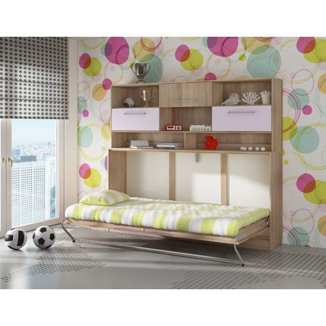 Schrankbett Wandbett ROGER 90x200cm horizontal + regal sonoma eiche / violett