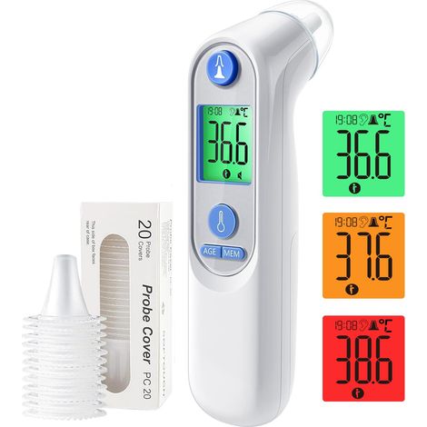 Thermomètre Auriculaire Haute Précision pour bébé, Thermomètres Médicaux et accessoires Mesure rapide en 1 seconde Indicateur sonore de fièvre 21 Embouts pour thermometre bebe (Blanc) (1/5)