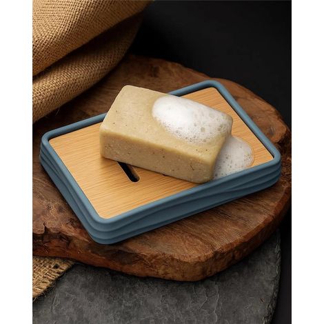 Portasapone in plastica ABS e bamboo blu pastello Alabama (1/2)