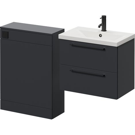 Napoli 390 Cento Gloss Grey 1200mm Wall Mounted 2 Drawer Vanity Unit and Toilet Suite with Glide Basin - 1200mm - Matt Black 320mm HandleWithout Kingston Toilet Pan