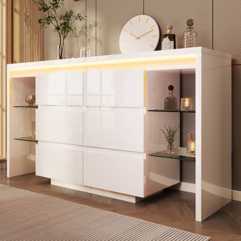Buffet bas avec vitrine LED 155x40x80 cm, 6 tiroirs, 4 tablettes en verre, éclairage multicolore par application, MDF blanc brillant (1/5)
