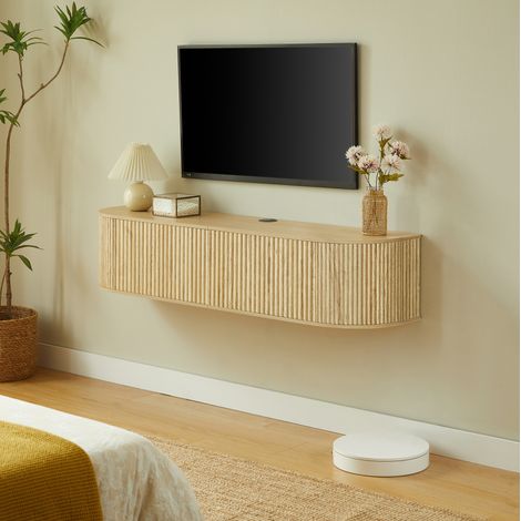 Mobile TV a parete 140x32x30 cm con gestione cavi, ampio vano contenitore, in truciolato effetto legno naturale (1/5)