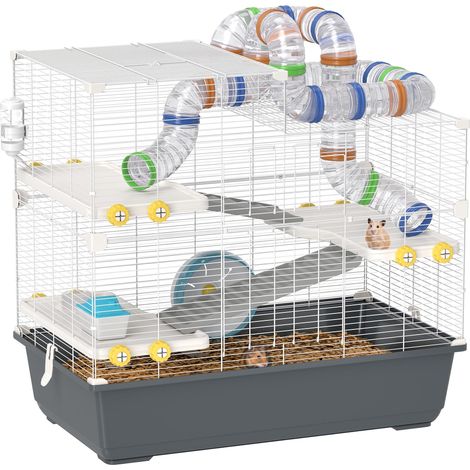 Cage miniature pour hamster, 4 niveaux, système de tunnels, petite maison entièrement équipée, ouverture sur le dessus, 78 x 45 x 73 cm, grise (1/5)