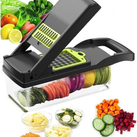 Mandoline - Coupe-Légumes Multifonctionnel - Pour Trancher Couper Déchiqueter Julienne Hacher - 11 Lames Interchangeables - Avec Conteneur Couvercle Panier Drainage Et Protège-Main (1/4)