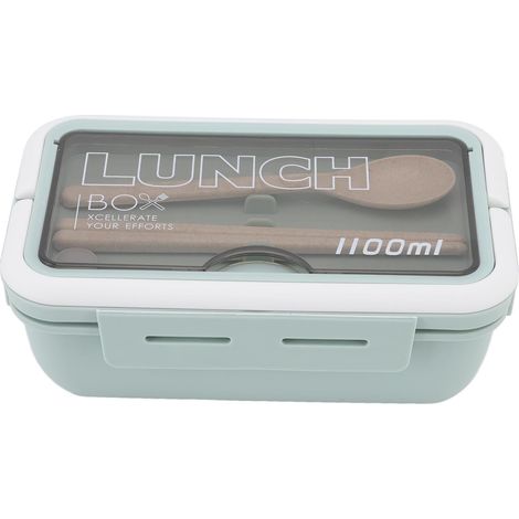 Boîte à lunch compartimentée à 2 compartiments, 1100 ml, style bento pour adultes, avec cuillère et baguettes, idéale pour le bureau et l'école (vert). (1/5)
