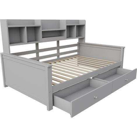 Lit banquette 90x200 en bois gris avec 2 tiroirs et étagères, sommier à lattes (1/5)