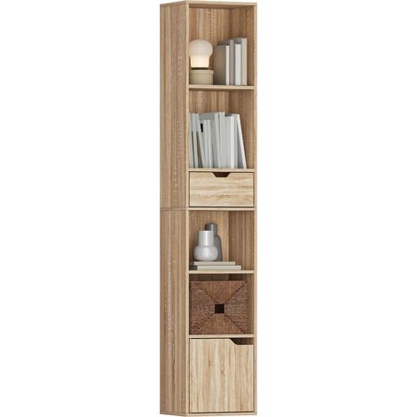 HOMCOM Narrow Bookshelf with Drawer, Tall Bookcase for Living Room, Natural