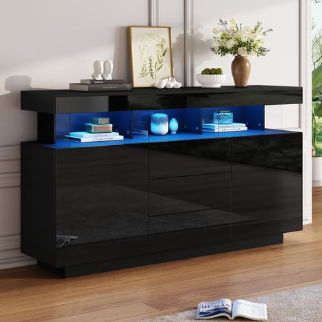 Aparador MEUBLIV 120x40x75 cm blanco con frentes de alto brillo, LED y almacenaje (1/5)