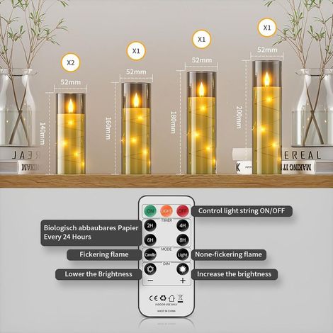Set mit 5 LED-Kerzen mit Fernbedienung und Timer, grau, Acryl. (1/5)
