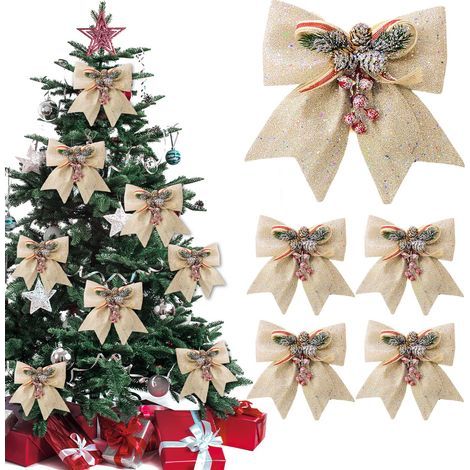 Set of 5 Christmas Bows, Glitter Bow with Pine Cones, Christmas Ribbon Bow, Christmas Tree Bow for Christmas Trees, Parties, Weddings, Gift Boxes