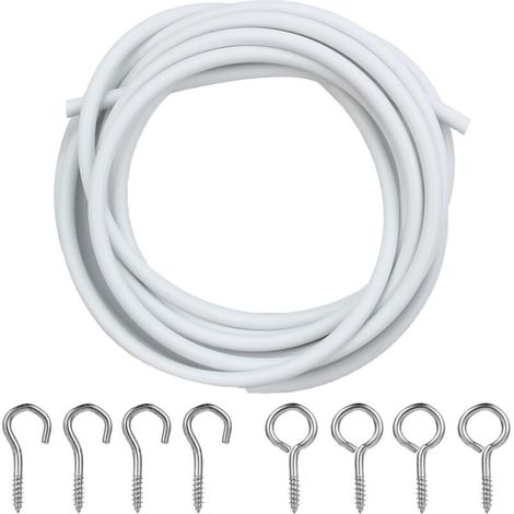 2M Blanc Cable Rideau, Câble pour Rideaux avec 4 Pièces Crochets et 4 Pièces Yeux œillets, Corde Suspendue Kit pour Rideau pour Tringles à Rideaux et Suspension de Photos (1/4)