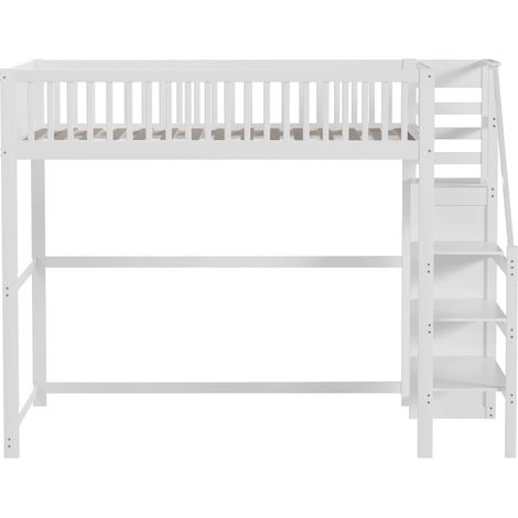 Letto a soppalco per bambini 140x200 bianco in legno con scala e contenitore (1/5)