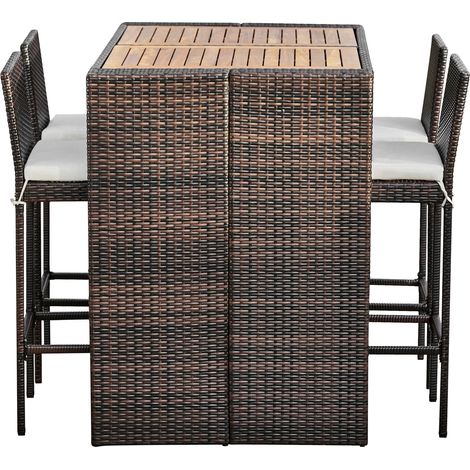 Teamson Home 5 Pezzi Mobili da Giardino in Rattan per Esterni, Tavolo da Pranzo e Sedie da Bar Alto per Giardino d'inverno con Piano in Legno e Cuscini Rimovibili (1/5)