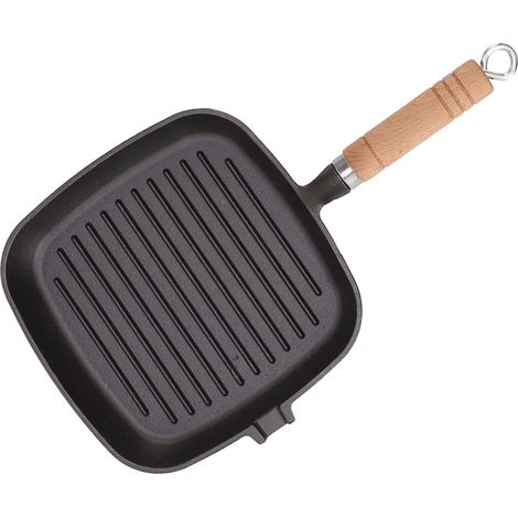 Poêle en fonte carrée avec manche en bois, antiadhésive, non revêtue, idéale pour la cuisson des viandes, steaks et poissons. (1/5)